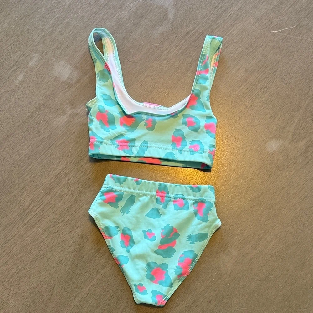 Essentials Girls Aqua and Pink Patterned Two-Piece Swim Bikini